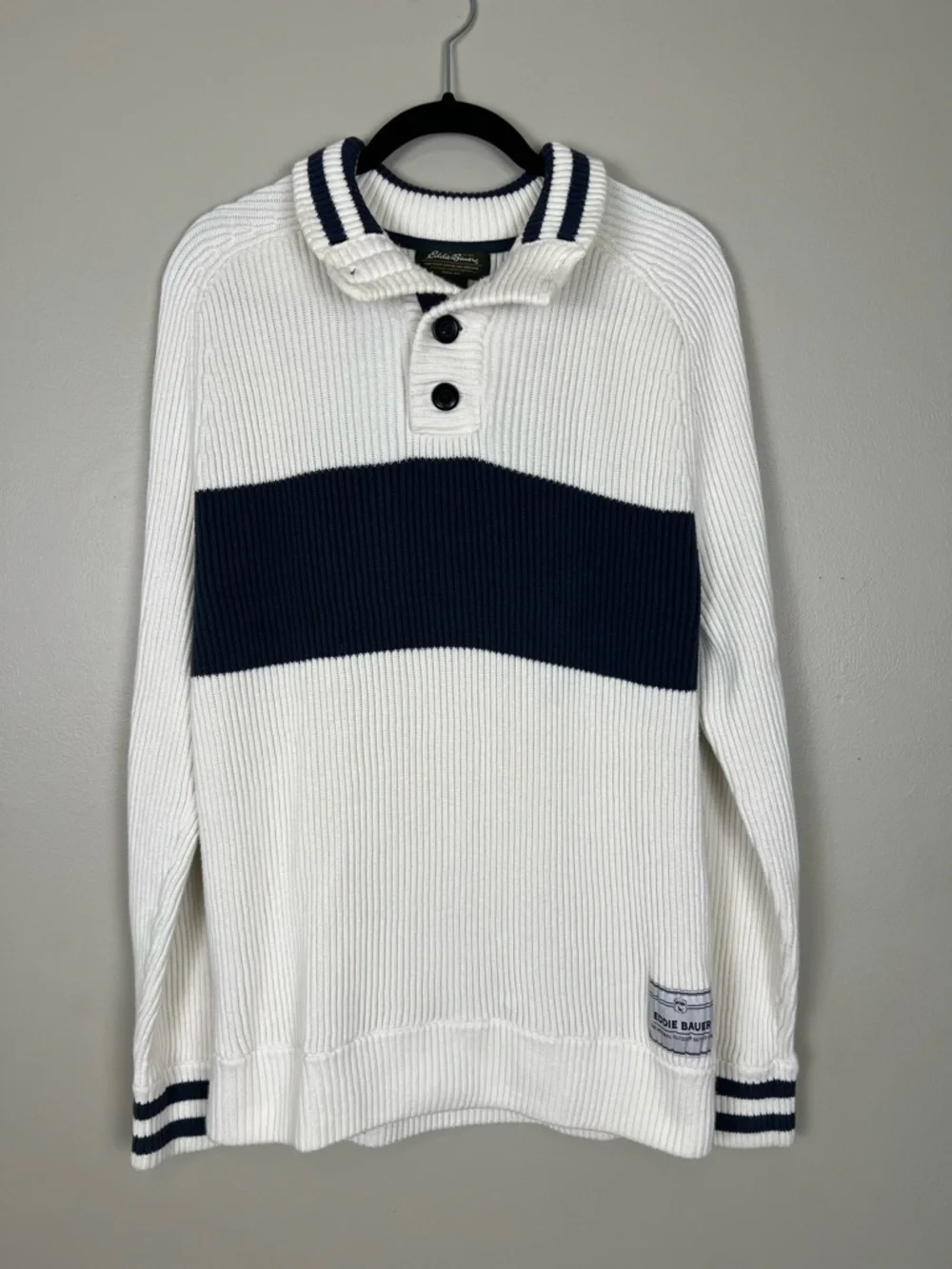 Eddie Bauer White & Navy Knit Rugby Sweater Size XL‎